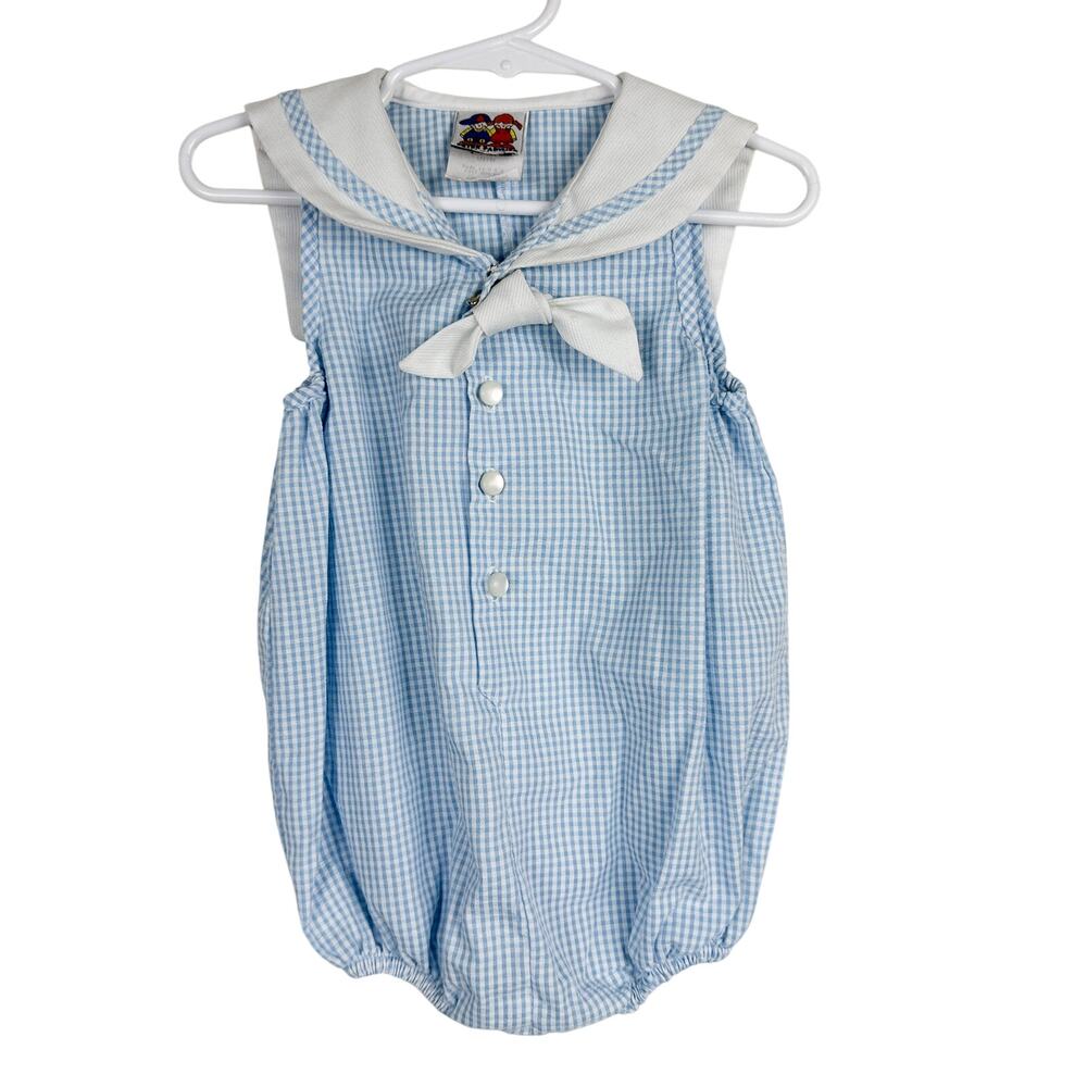 Vtg 90s 18-24 24 Months Gingham Sailor Baby Romper Blue Boy Pete's Partner